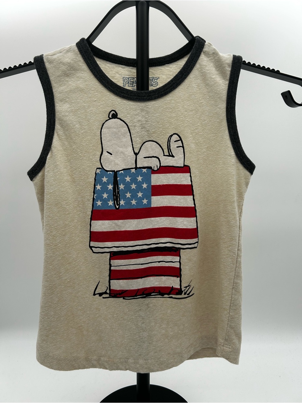 Peanuts Snoopy Flag Graphic Tank Top - Cream with Black Trim 5T